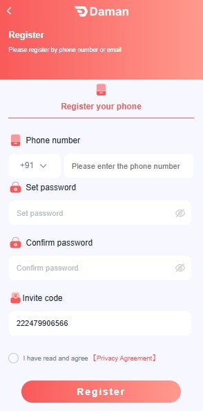 Daman game registration page
